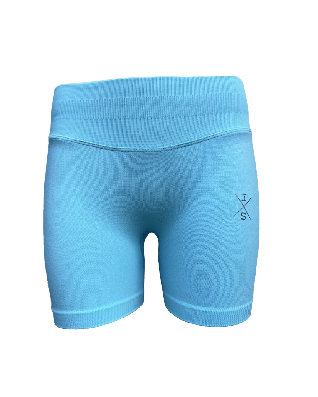 lichte Power Short sportlegging met naadloze afwerking en elastische tailleband in ijsblauwe kleur