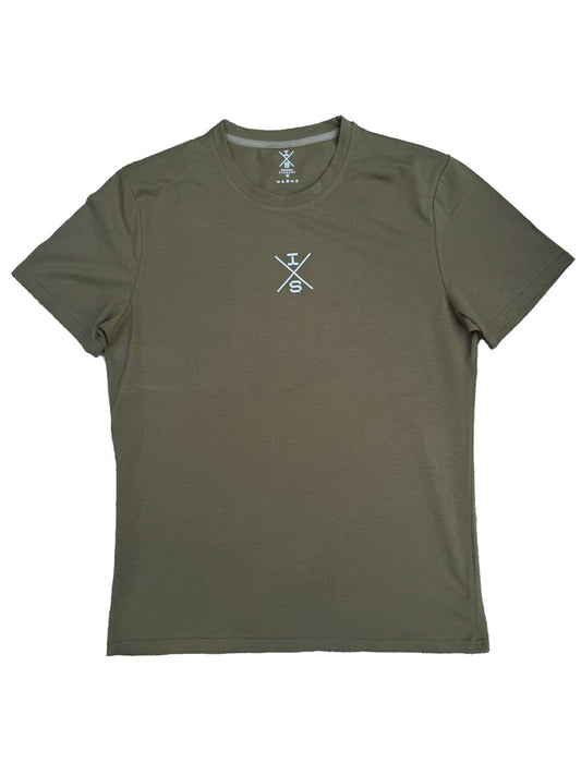 Army Green AlphaForm T-shirt met slimfit pasvorm, O-neck kraag, gemaakt van 100% katoen, ademend, snel drogend en duurzaam geproduceerd.
