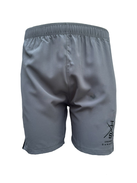 grijze FlexMotion Shorts van ademend polyester met elastische tailleband en zakken voor optimale training en comfort
